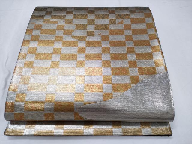 平和屋着物◎太鼓柄袋帯 市松 金銀糸 正絹 逸品 未使用 CABD1752ha