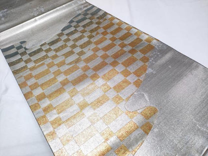 平和屋着物◎太鼓柄袋帯 市松 金銀糸 正絹 逸品 未使用 CABD1752ha
