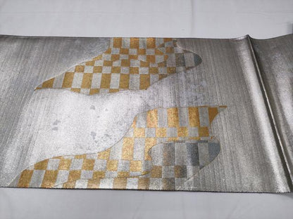 平和屋着物◎太鼓柄袋帯 市松 金銀糸 正絹 逸品 未使用 CABD1752ha