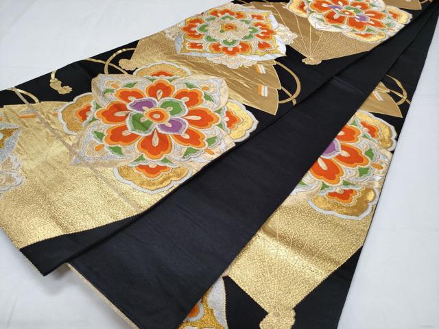平和屋着物◎六通柄袋帯 檜扇正倉院花文 黒地 金銀糸 正絹 逸品 CABD1753ha
