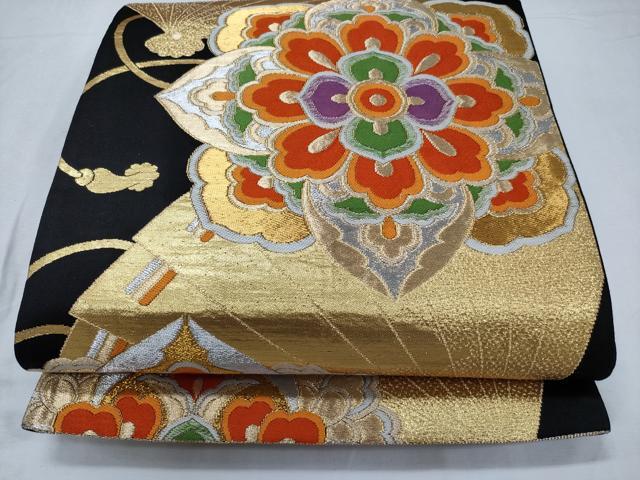 平和屋着物◎六通柄袋帯 檜扇正倉院花文 黒地 金銀糸 正絹 逸品 CABD1753ha