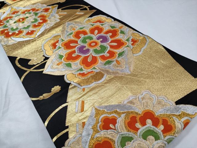 平和屋着物◎六通柄袋帯 檜扇正倉院花文 黒地 金銀糸 正絹 逸品 CABD1753ha