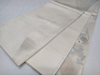 平和屋着物◎太鼓柄袋帯　駒刺繍　草花丸文　銀彩　正絹　逸品　CABD1757ha
