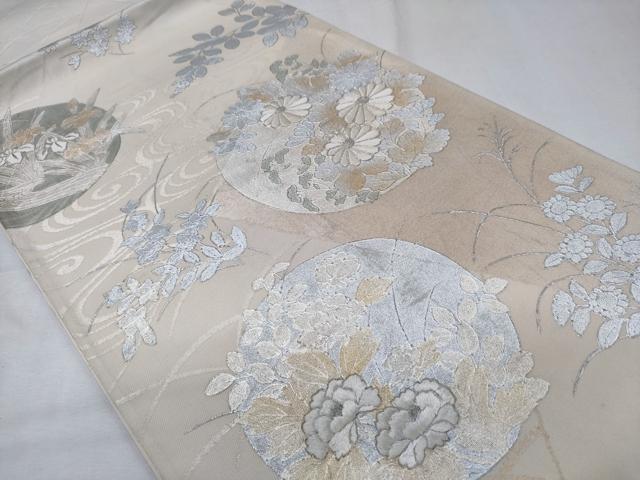 平和屋着物◎太鼓柄袋帯　駒刺繍　草花丸文　銀彩　正絹　逸品　CABD1757ha