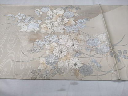 平和屋着物◎太鼓柄袋帯　駒刺繍　草花丸文　銀彩　正絹　逸品　CABD1757ha