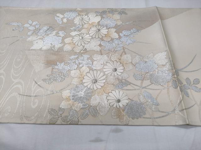 平和屋着物◎太鼓柄袋帯　駒刺繍　草花丸文　銀彩　正絹　逸品　CABD1757ha