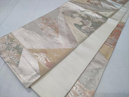 平和屋着物◎六通柄袋帯 色紙重ね鳳凰花松文 金銀糸 正絹 逸品 CABD1764ha