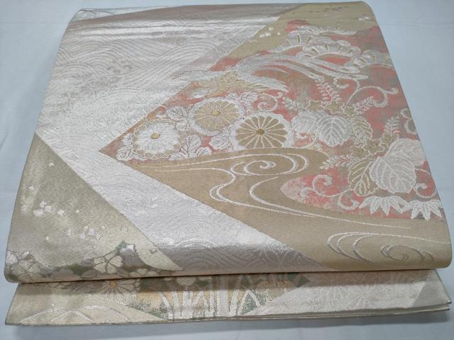 平和屋着物◎六通柄袋帯 色紙重ね鳳凰花松文 金銀糸 正絹 逸品 CABD1764ha