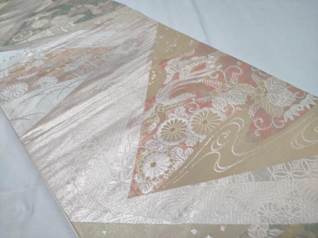平和屋着物◎六通柄袋帯 色紙重ね鳳凰花松文 金銀糸 正絹 逸品 CABD1764ha