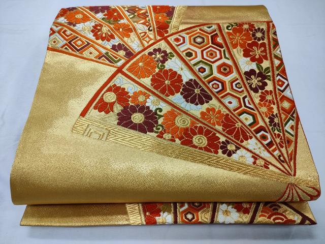 平和屋着物◎六通柄袋帯 扇面花文 金糸 正絹 逸品 CABD1768ha