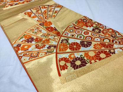 平和屋着物◎六通柄袋帯 扇面花文 金糸 正絹 逸品 CABD1768ha