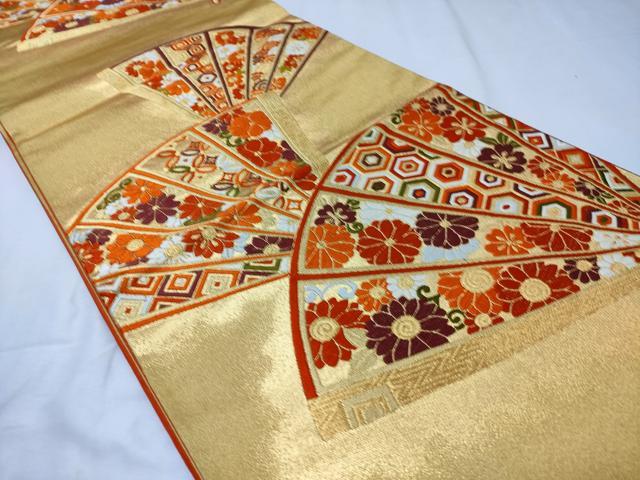 平和屋着物◎六通柄袋帯 扇面花文 金糸 正絹 逸品 CABD1768ha