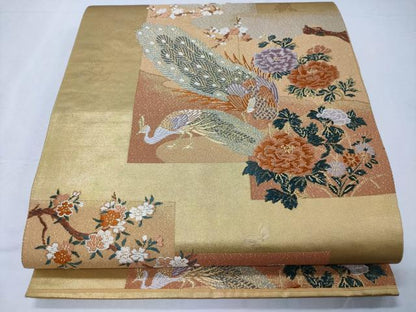 平和屋着物◎六通柄袋帯 色紙重ね孔雀文 金糸 正絹 逸品 CABD1772ha