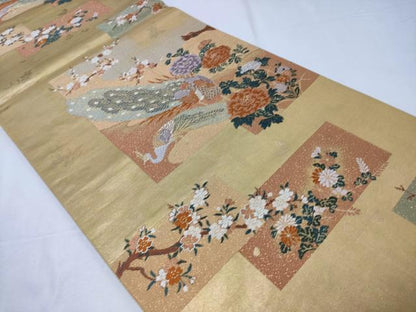 平和屋着物◎六通柄袋帯 色紙重ね孔雀文 金糸 正絹 逸品 CABD1772ha