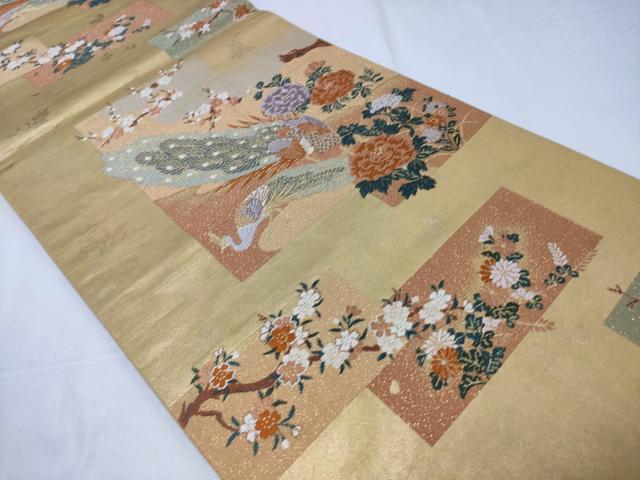 平和屋着物◎六通柄袋帯 色紙重ね孔雀文 金糸 正絹 逸品 CABD1772ha