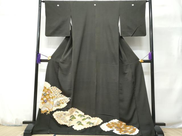平和屋着物■豪華黒留袖　駒刺繍　尾長鳥花文　金彩　正絹　逸品　CABD1817fb