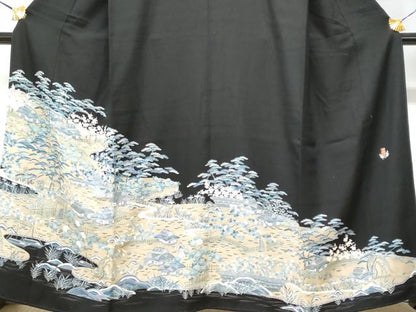 平和屋着物■豪華黒留袖　駒刺繍　風景文　正絹　逸品　CABD1894fb