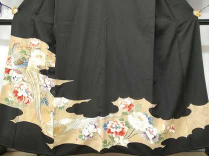 平和屋着物■豪華黒留袖　刺繍　尾長鳥枝花文　金銀彩　正絹　逸品　CABD1930fb