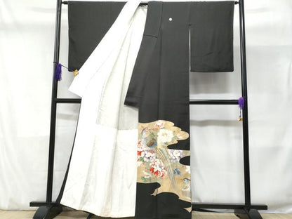平和屋着物■豪華黒留袖　刺繍　尾長鳥枝花文　金銀彩　正絹　逸品　CABD1930fb