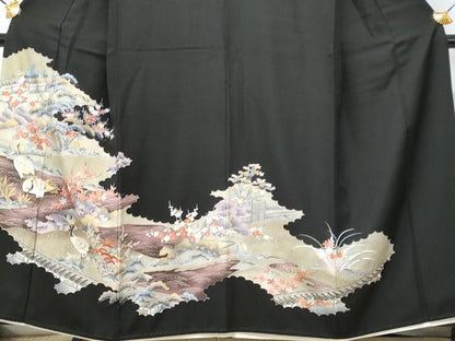平和屋着物■豪華黒留袖　駒刺繍　立波群鶴花文　金彩　正絹　逸品　CABD1966fb