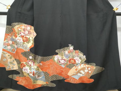 平和屋着物■豪華黒留袖　地紙重ね孔雀鴛鴦花文　金彩　正絹　逸品　CABD1968fb