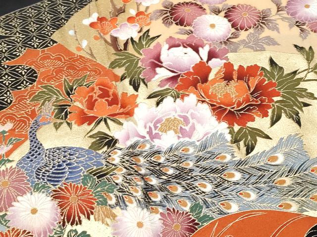 平和屋着物■豪華黒留袖　地紙重ね孔雀鴛鴦花文　金彩　正絹　逸品　CABD1968fb