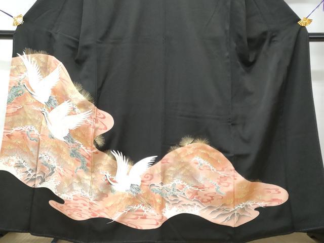 平和屋着物■豪華黒留袖　飛鶴松葉文　暈し染め　金銀彩　正絹　逸品　CABD1969fb