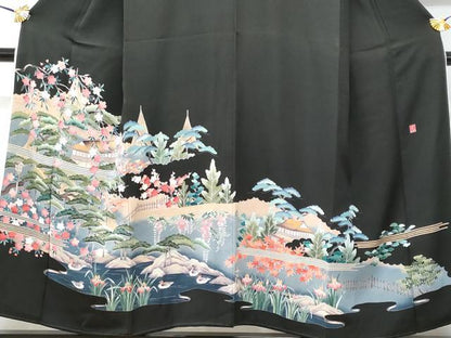 平和屋着物■豪華黒留袖　作家物　駒刺繍　京名所飛鶴風景文　暈し染め　金彩　正絹　逸品　CABD1983fb