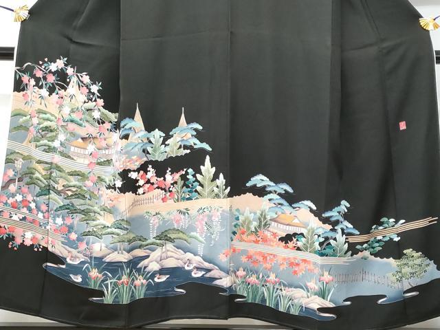 平和屋着物■豪華黒留袖　作家物　駒刺繍　京名所飛鶴風景文　暈し染め　金彩　正絹　逸品　CABD1983fb