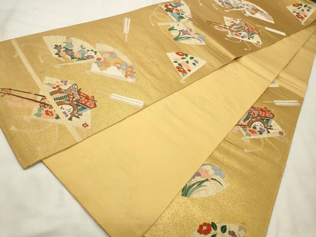 平和屋着物◎六通柄袋帯　扇面草花文　金糸　正絹　逸品　CABD2084qe