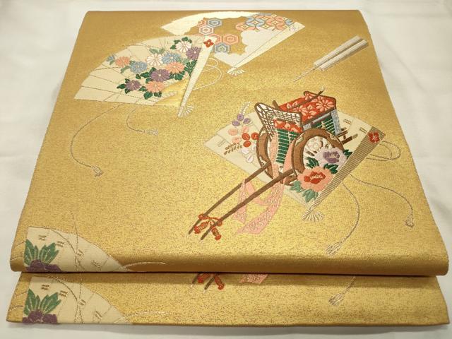 平和屋着物◎六通柄袋帯　扇面草花文　金糸　正絹　逸品　CABD2084qe