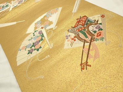 平和屋着物◎六通柄袋帯　扇面草花文　金糸　正絹　逸品　CABD2084qe