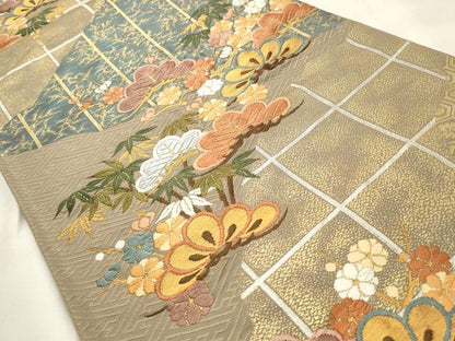 平和屋着物◎六通柄袋帯　唐織　笹松花文　金銀糸　正絹　逸品　CABD2087qe