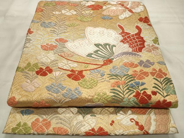 平和屋着物◎六通柄袋帯　唐織　舞蝶花文　金銀糸　正絹　逸品　CABD2093qe
