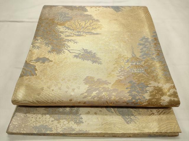 平和屋着物◎佐賀錦 六通柄袋帯 風景文 金糸 正絹 逸品 CABD2104qe