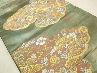 平和屋着物◎太鼓柄袋帯 飛鶴吉祥文 金糸 正絹 逸品 CABD2121qe