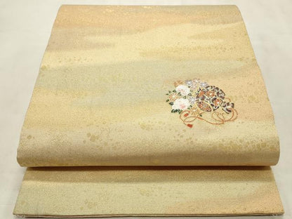 平和屋着物◎両面 六通柄袋帯 砂子綴れ 花 小槌 金彩 正絹 逸品 CABD2122qe