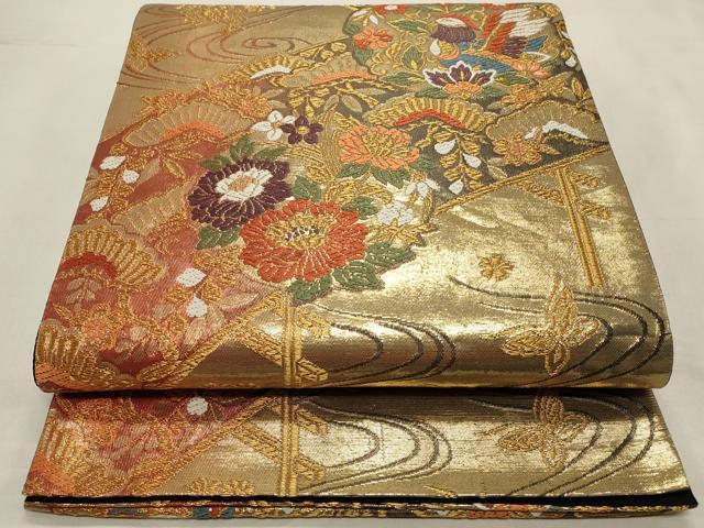 平和屋着物◎六通柄袋帯 唐織 舞蝶花鳥文 金糸 正絹 逸品 CABD2123qe