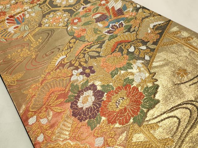 平和屋着物◎六通柄袋帯 唐織 舞蝶花鳥文 金糸 正絹 逸品 CABD2123qe