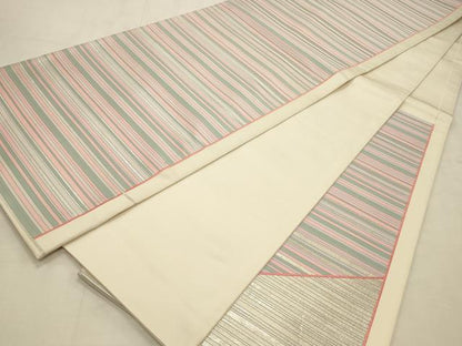 平和屋着物◎六通柄袋帯 唐織 作家物 横縞 銀糸 正絹 逸品 CABD2128qe