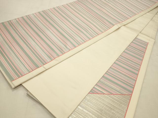 平和屋着物◎六通柄袋帯 唐織 作家物 横縞 銀糸 正絹 逸品 CABD2128qe