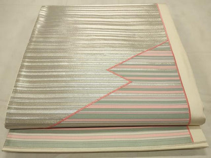 平和屋着物◎六通柄袋帯 唐織 作家物 横縞 銀糸 正絹 逸品 CABD2128qe