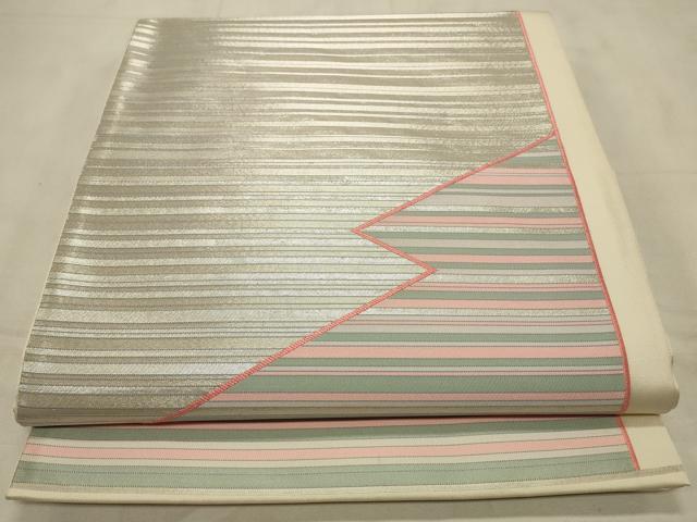平和屋着物◎六通柄袋帯 唐織 作家物 横縞 銀糸 正絹 逸品 CABD2128qe