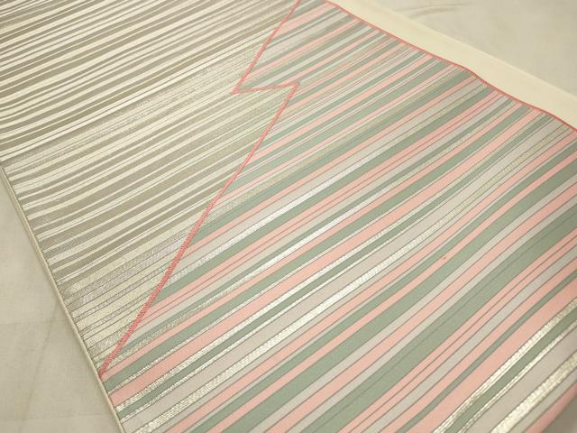 平和屋着物◎六通柄袋帯 唐織 作家物 横縞 銀糸 正絹 逸品 CABD2128qe