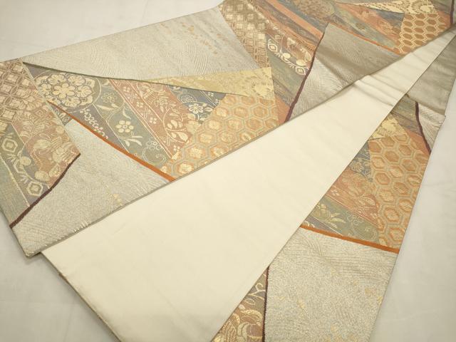 平和屋着物◎六通柄袋帯 裂取横段文 金糸 正絹 逸品 CABD2129qe