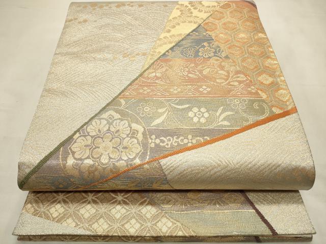 平和屋着物◎六通柄袋帯 裂取横段文 金糸 正絹 逸品 CABD2129qe