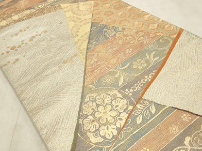 平和屋着物◎六通柄袋帯 裂取横段文 金糸 正絹 逸品 CABD2129qe