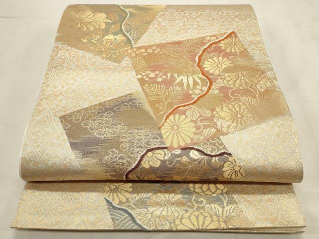 平和屋着物◎六通柄袋帯 色紙菊文 金糸 正絹 逸品 CABD2130qe