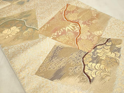 平和屋着物◎六通柄袋帯 色紙菊文 金糸 正絹 逸品 CABD2130qe