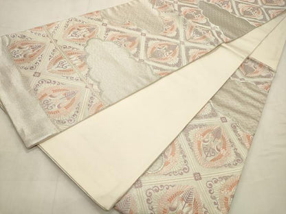 平和屋着物◎六通柄袋帯 唐織 雲取り双鶴文 銀糸 正絹 逸品 CABD2132qe